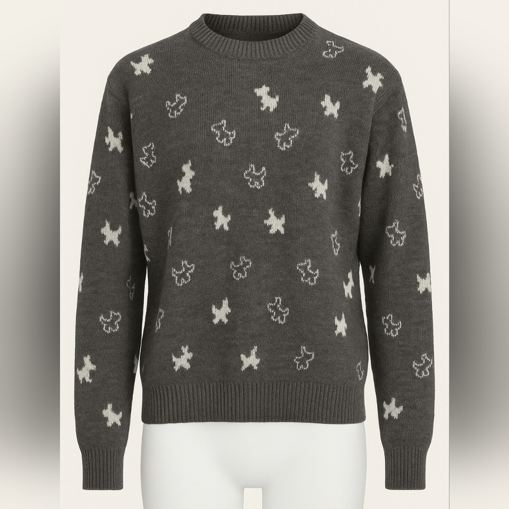 Carole Fessier Paris Wool Blend Sweater Gray Dog Pattern Made in France